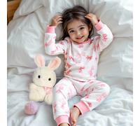 1 set Pigiama a maniche lunghe con collo a ciambella, stampa a fiocco e lettera, aderente, per bambine, colore rosa, adatto per bambine dai 9 mesi ai 3 anni, per autunno e inverno 2Y,3Y,9-12M,12-18M,1