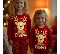 1 set Pigiama aderente per ragazze giovani con stampa di cervi e fiocchi di neve che brillano al buio, top a maniche lunghe e pantaloni comodi e casual, adatto per autunno/inverno 6Y,7Y,4Y,5YNataleTes