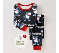 1 set Pigiama aderente per ragazzi, con stampa alla moda e carina di scarpe sportive e squalo blu su tutto il capo, in tessuto elastico, con collo a giro e maniche lunghe, adatto per primavera/autunno