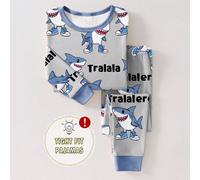 1 set Pigiama aderente per ragazzi, con stampa alla moda e carina di scarpe sportive e squalo blu su tutto il capo, in tessuto elastico, con collo a giro e maniche lunghe, adatto per primavera/autunno