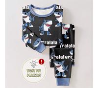 1 set Pigiama aderente per ragazzi, con stampa alla moda e carina di scarpe sportive e squalo blu su tutto il capo, in tessuto elastico, con collo a giro e maniche lunghe, adatto per primavera/autunno