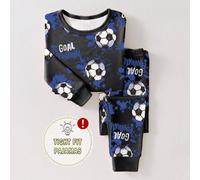 1 set Pigiama aderente per ragazzi, top a maniche lunghe e pantaloni con stampa graffiti di calcio blu e nero su tutto il capo 6Y,7Y,4Y,5YGraficoTessuto
