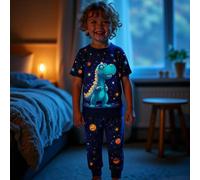 1 Set Pigiama da ragazzo con stampa di dinosauri e motivi celesti, aderente, a maniche corte, che brilla sotto la luce UV 6Y,7Y,4Y,5YFumetto,Galassia,GeometricoTessuto