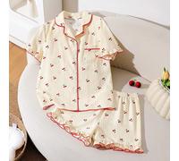 1 Set Pigiama elegante e alla moda per ragazze grandi, con colletto classico a risvolto e maniche corte. Questa biancheria da casa estiva include una camicia con bottoni e pantaloncini con orlo arricc