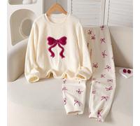 1 Set Pigiama Natalizio da Ragazza - Top a maniche lunghe in velluto bordeaux con fiocco e ricamo crema, pantaloni in velluto con fiocco. Tessuto morbido in maglia, vestibilità comoda, lavabile in lav