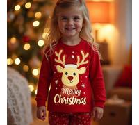 1 set Pigiama natalizio per bambine con stampa di cervi e fiocchi di neve che brillano al buio, composto da top a maniche lunghe e pantaloni aderenti, adatto per primavera/autunno, regalo per vacanze