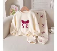 1 Set Pigiama Natalizio per Ragazze, include Maglia a Maniche Lunghe Crema con Fiocco Ricamato e Pantaloni Morbidi con Dettagli a Fiocco, Tessuto in Maglia Morbido, Vestibilità Comoda, Lavabile in Lav