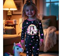 1 set Pigiama per ragazze giovani, top a girocollo in maglia con stampa di unicorni e cuori che brillano al buio abbinato a pantaloni aderenti con stampa di cuori su tutto il capo, pigiama carino con 