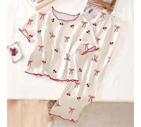 1 set Pigiama per ragazze pre-adolescenti, base color albicocca con stampa di ciliegie e fiocchi, con bordi a contrasto, manica corta e pantaloni lunghi, set di abbigliamento da notte casual 8Y,9Y,10Y