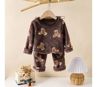 1 Set Pigiama per Ragazzi Giovani, Colore Caffè, Stampa Orso cartoni animati Carino in Flanella Calda e Morbida, Top a Maniche Lunghe e Pantaloni, Abbigliamento da Relax Comodo e Morbido Adatto per Us