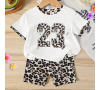 1 Set Ragazze Giovani Moda Casual Retrò Minimalista Creativa Stampa Leopardata "23" Maglietta a Maniche Corte e Set di Pantaloncini, Adatto per Primavera ed Estate Uso Quotidiano 6Y,7Y,4Y,5Ystampa dap
