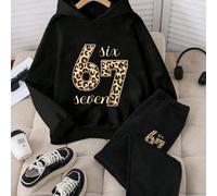1 Set Ragazze Tween Casual Chic Minimalista Felpa con Cappuccio e Pantaloni della Tuta a Stampa Leopardata 67 Numero SEI SETTE, Autunno/Inverno 8Y,9Y,10Y,11Y,12YGrafico,Lettere,Motivo strutturatoTessu