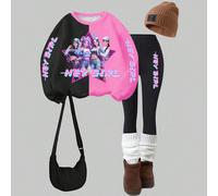 1 Set Ragazze Tween Casual K-POP Girl "HEY GRIL" Felpa con Girocollo e Leggings a Stampa Stelle, Outfit di Moda per Giovani Ragazze in Autunno/Inverno 8Y,9Y,10Y,11Y,12YFumetto,Blocchi di colore,Letter