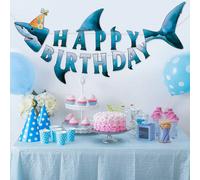 1 set Striscione con bandiera a trazione a tema squalo, set di bandiere di carta a tema oceano e squalo per decorazioni di feste di compleanno, decorazioni per la stanza Tagli UnicaTessuto