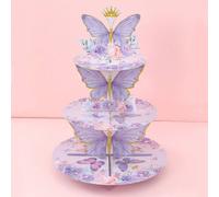 1 set Supporto per torta stile farfalla viola, alzata da 3 piani per cupcake e dolci, da usare come decorazione per feste di compleanno, baby shower, matrimoni, decorazioni per tavolo in cucina, acces