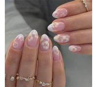 1 set unghie artificiali con motivo floreale francese viola chiaro, superfici ovali corte lucide per le donne, comode da indossare, unghie dolci