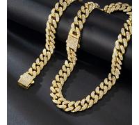 1 Set Unisex Collana e Bracciale Stile Hip-Hop, Spessa, Interamente Tempestata di Cristalli, Effetto Bling Bling da 13mm, Colore Oro, Stile Chunky da Strada, con Scatola Regalo Bracciale 18cm + collan