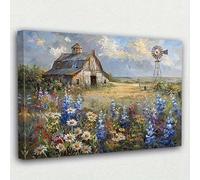 1 stampa artistica da parete su tela raffigurante una fattoria d'epoca e un mulino a vento, scena rustica di un cortile con fiori di campo, decorazione per il soggiorno (80 x 120 cm/cornice interna)