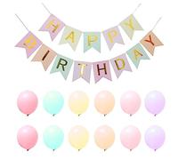 1 striscione di buon compleanno con 12 palloncini macaron, lettera abbronzante, bandiera a coda di pesce, decorazioni per feste di compleanno, ghirlanda(colore macaron chiaro).