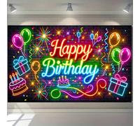 1 Striscione per festa di compleanno, palloncini regalo con luci al neon e stampa di torta, decorazione appesa per sfondo di compleanno, accessorio per fotografia 180*230cm,100*150 cm,150*210 cm,210*3