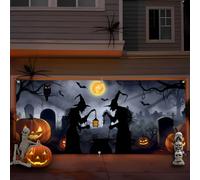 1 striscione per porta del garage, con calderone per strega di Halloween, cimitero luna piena zucca, pipistrello, gufo, poliestere, grande, copertura per garage, decorazione per vacanze all'aperto