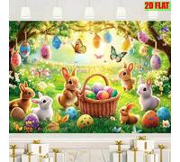 1 Striscione piatto 2D con coniglio di Pasqua, uova, farfalle e uova colorate - Decorazione primaverile, estiva e autunnale adatta per feste, battesimi e caccia alle uova di Pasqua - Sfondo durevole i