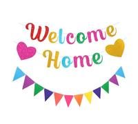1 striscione "Welcome Home", 1 gagliardetto colorato, decorazione da appendere, bandiera glitterata, ghirlanda decorativa "Welcome Home", decorazione per la casa, inaugurazione della casa, decorazione