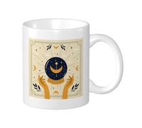 1 tazza con stampa strega, costellazione, luna, foglie, geometrico, stella, linee moderne, motivi gialli e blu in ceramica, riutilizzabile, decorativo, ufficio, appartamento, soggiorno, fondo