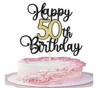 1 topper Happy 50th Birthday Cake topper glitterato su 50 anni decorazione torta 50 favolosa decorazione torta per felice 50° compleanno anniversario festa torta decorazione torta decorazione nero oro