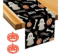 1 tovaglia stampata, 2 sottobicchieri a forma di zucca, runner da tavola per Halloween, runner da tavola a strisce, decorazione per tavolo da cucina, tovaglia vintage, decorazione per feste di
