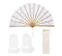 1 Ventaglio Pieghevole In Pizzo Bianco Con 1 Borsa Portaoggetti, 1 Paio Di Guanti In Rete, Ventaglio Ricamato Cavo, Elegante Ventaglio Pieghevole Decorativo, Oggetti Di Scena Retrò