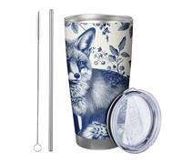1 x Calice Blu Floreale Carino Volpe Bellissimo Fiore Foglie Pianta Botanica Cottage Metallo Blu Riutilizzabile Senza Versature Indistruttibili Cortile Picnic Palestra