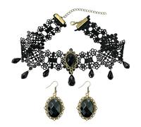 1 x collana in pizzo nero con 1 paio di orecchini, elegante collana da donna, sexy regolabile, collana retrò versatile, set di accessori in stile gotico, adatto per appuntamenti, 38 cm, tessuto non