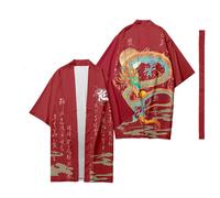 1 X Uomo Dragon Stampa Kimono Cardigan con Cintura Lungo Accappatoio Aperto Ant