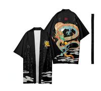 1 X Uomo Dragon Stampa Kimono Cardigan con Cintura Lungo Accappatoio Aperto Ant