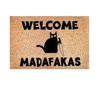 1 zerbino con gatto scuro con scritta "Welcome Madafakas" (lingua non garantita)