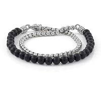 10:10 Bracciale doppio giro con pietre naturali da 6 mm e catena veneziana lucida in acciaio inox, realizzato in Italia utilizzando materiali di alta qualità (black stone)