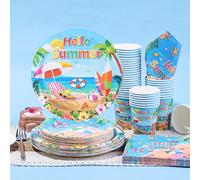 10/20/40 Pezzi,Set di stoviglie monousabili a tema spiaggia Hello Summer,Kit di stoviglie per feste hawaiane che include piatti di carta da 7 e 9 pollici,bicchieri da 9 once e tovaglioli,piatti,tovagl