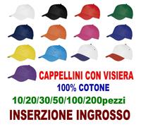 10/30/50pz CAPPELLO CAPPELLINO VISIERA CAPPELLI 5 PANNELLI 100% COTONE BERRETTO