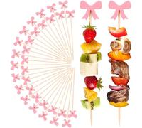 10/50/100 pezzi Stuzzicadenti con fiocco rosa, lunghi 12 cm in bambù con fiocco elegante - Spiedini per aperitivi, frutta, dessert e taglieri di salumi, robusti e lisci, utensili decorativi per la tav