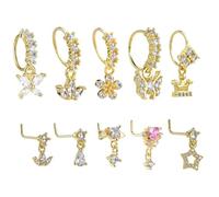 10 anelli da naso pendenti da donna, 20 g, a forma di L, orecchini per naso con ciondolo con zirconia cubica, orecchini per cartilagine indiani, per donne