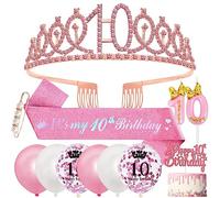 10 Anni Corona Compleanno e Fusciacca Bambina, Coroncina 10 anni Diadema Birthday Sash,Palloncini Compleanno 10 anni,Candela Compleanno 10 Anni Cake Topper per 10 Anni Decorazioni Compleanno Ragazza
