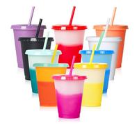10 bicchieri di plastica riutilizzabili con coperchio e cannuccia, con coperchio, per cambiare colore, in plastica, 16 oz