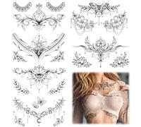 10 Blätter Große Schwarze Blumen-Brust-Tattoos - Temporäre Tattoos für Frauen, Realistische Mandala-Blumen-Zweig-Tattoo-Sticker für Körperkunst