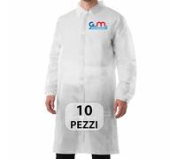 10 Camici Visitatore con Colletto in PLP Bianco - Taglia L - Camice Monouso con Chiusura in Velcro - Camice Non Tessuto per Uso Professionale - Traspirante e Leggero