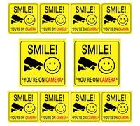 10 cartelli con scritta "Smile Your on Camera, 9,9 x 9,9 cm, giallo, autoadesivi, con messaggio per fotocamera attiva, avviso durevole, impermeabile, per sorveglianza, casa, affari, aree di ingresso