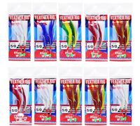 10 esche colorate WOW!, esche da pesca con piume per pesce roccia, roccia, merluzzo, jigging rig con due ganci in acciaio ad alto tenore di carbonio 5/0