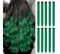 10 Extension Capelli Verde Scuro | Clip-In da 22" | Lunghi e Lisci, Sintetici, per Bambini e Donne, Perfetti per Uso Quotidiano, Feste, Natale