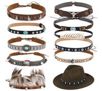 10 fasce per cappello da cowboy con perline, cinghie regolabili per cappello occidentale con pietre turchesi, piume e dettagli in pelle