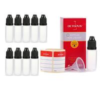 10 flaconi liquidi da 10 ml con imbuti + etichette, ad es. per e-liquidi + e-sigarette, bottiglie di plastica in PE LDPE, flaconi di dosaggio liquidi, bottiglie in calo o bottiglie per spremere + coperchi neri
